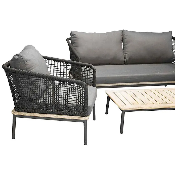 Ebuy24 Loungemöbel-Set Andorra - 4 -tlg., Polyester Seil Stahl, Schwarz - Dunkelgraue Outdoor-Sitzgruppe mit geflochtenen Sesseln, Sofa mit hellgrauen Kissen und hellem Holztisch mit dunklen Beinen.