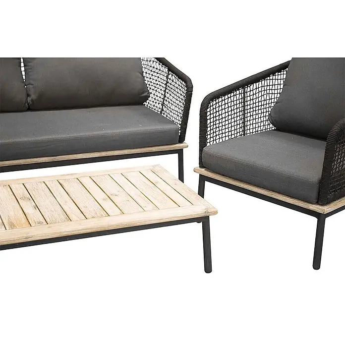 Ebuy24 Loungemöbel-Set Andorra - 4 -tlg., Polyester Seil Stahl, Schwarz - Outdoor-Sitzgruppe mit dunkelgrauen Kissen, geflochtenen dunklen Seildetails, hellen Holzapplikationen und schwarzen Metallrahmen.