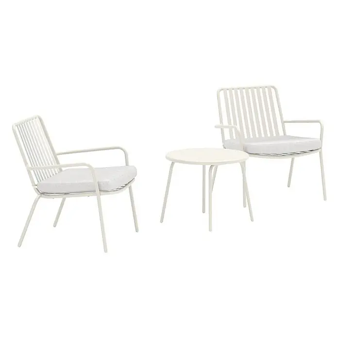 Ebuy24 Loungemöbel-Set Mykonos - 3 -tlg., Stahl, Beige - Weißes Metall-Outdoor-Lounge-Set mit zwei Stühlen, Kissen und einem runden Beistelltisch.
