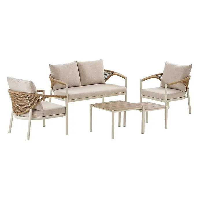 Ebuy24 Loungemöbel-Set Bella - 5 -tlg., Nonwood (PE), Aluminium, Polyester, Natur - Beige Outdoor-Sitzgruppe: Zweisitzer, zwei Sessel mit geflochtenen Seilakzenten und zwei Couchtische mit heller Holzplatte.
