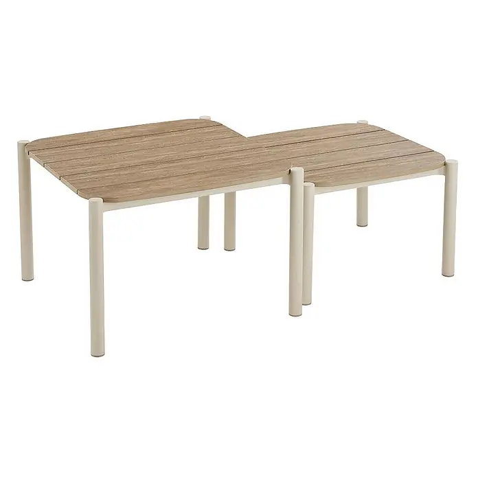 Ebuy24 Loungemöbel-Set Bella - 5 -tlg., Nonwood (PE), Aluminium, Polyester, Natur - Zwei helle Beistelltische mit Holzoptik, abgerundeten Ecken und cremefarbenen Metallgestellen.