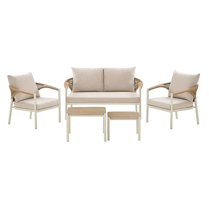Ebuy24 Loungemöbel-Set Bella - 5 -tlg., Nonwood (PE), Aluminium, Polyester, Natur - Beige Outdoor-Lounge-Set mit Zweisitzer-Sofa, zwei Sesseln und zwei kleinen Tischen, mit hellen Metallrahmen und geflochtenen Details.