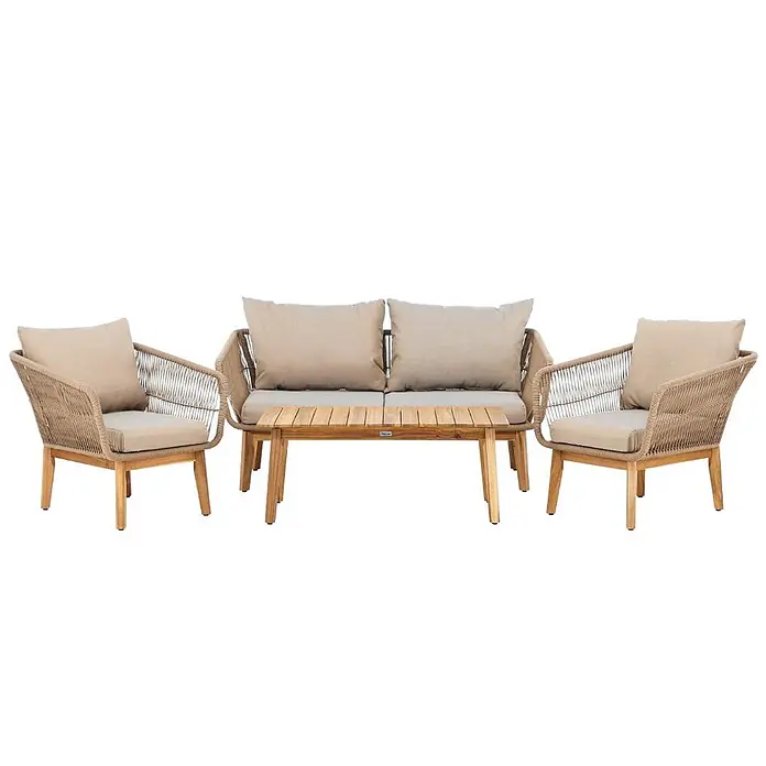Ebuy24 Loungemöbel-Set Chania - 4 -tlg., Akazie, Braun - Gartenlounge-Set mit zwei hellbraunen Korbsesseln, einem passenden Zweisitzer-Sofa und einem hellen Holztisch.