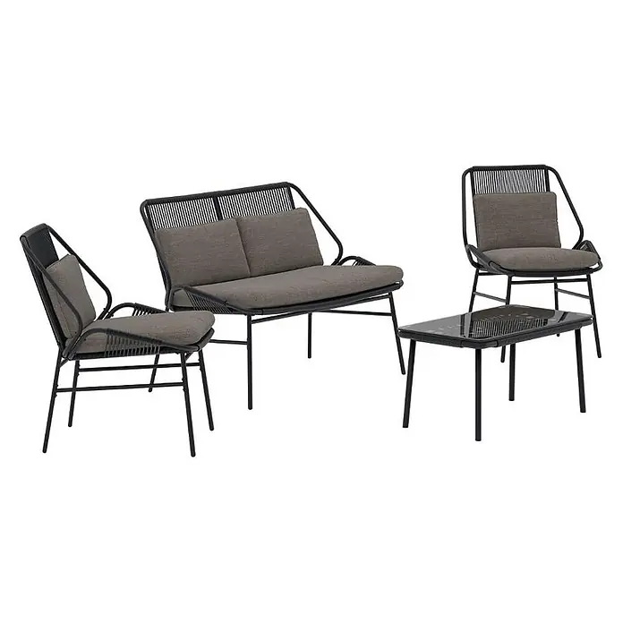 Ebuy24 Loungemöbel-Set Zakynthos - 4 -tlg., Stahl, Schwarz - Schwarzes Outdoor-Sitzset mit geflochtenen Details und grauen Kissen, zwei Sessel, Zweisitzer-Sofa und Couchtisch.
