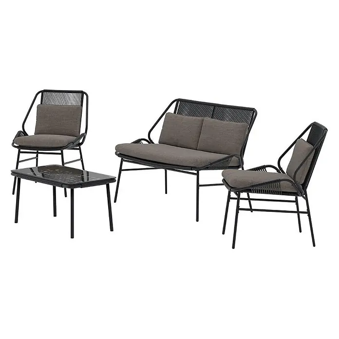 Ebuy24 Loungemöbel-Set Zakynthos - 4 -tlg., Stahl, Schwarz - Schwarzes Outdoor-Lounge-Set: geflochtene Sessel, Zweisitzer-Sofa, Couchtisch mit dunkler Platte, alle mit grauen Kissen.