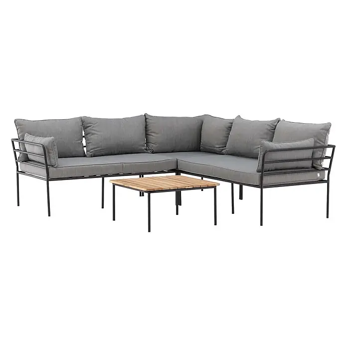 Ebuy24 Loungemöbel-Set Penh - 2 -tlg., Akazie, Grau - Schwarzes L-förmiges Outdoor-Lounge-Sofa aus Metall mit grauen Kissen und passendem quadratischem Holzlattentisch.