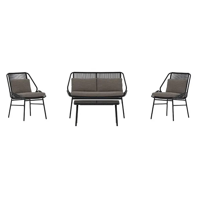 Ebuy24 Loungemöbel-Set Zakynthos - 4 -tlg., Stahl, Schwarz - Schwarzmetall-Outdoor-Lounge-Set mit Webdetails und grauen Kissen, bestehend aus zwei Sesseln, einem Zweisitzer-Sofa und einem Couchtisch.