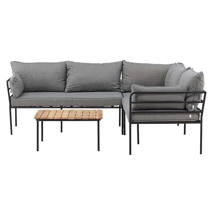 Ebuy24 Loungemöbel-Set Penh - 2 -tlg., Akazie, Grau - Graues L-förmiges Outdoor-Lounge-Sofa mit schwarzem Metallrahmen und kleinem Couchtisch mit Holzlattenplatte.