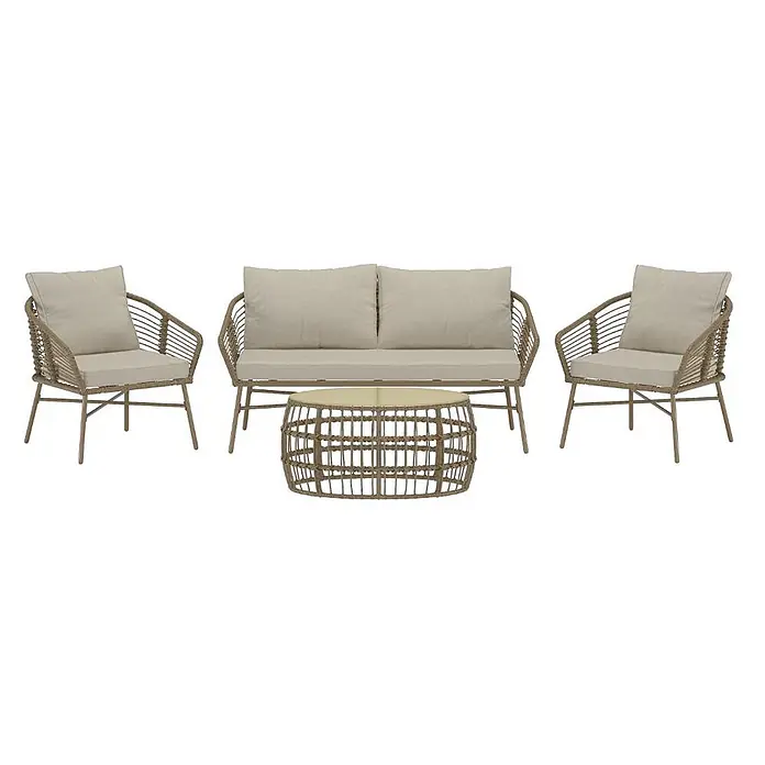 Ebuy24 Loungemöbel-Set Lipari - 4 -tlg., Geflechtmöbel, Beige - Vierteiliges Gartenmöbelset mit zwei Sesseln, einem Zweisitzer-Sofa und einem Couchtisch, alle mit hellbraunen Korbgeflechtrahmen und beigen Kissen.