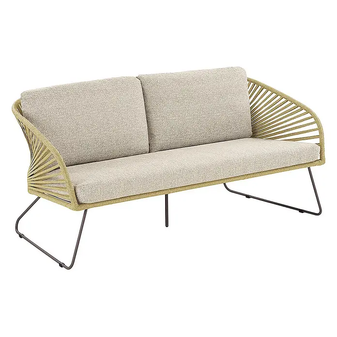 Ebuy24 Loungemöbel-Set Novella - 5 -tlg., Schaum, Polyester, Stahl, Beige - Zweisitzer-Sofa mit hellen Stoffkissen, beigem Geflechtrücken und dunklen Metallbeinen.