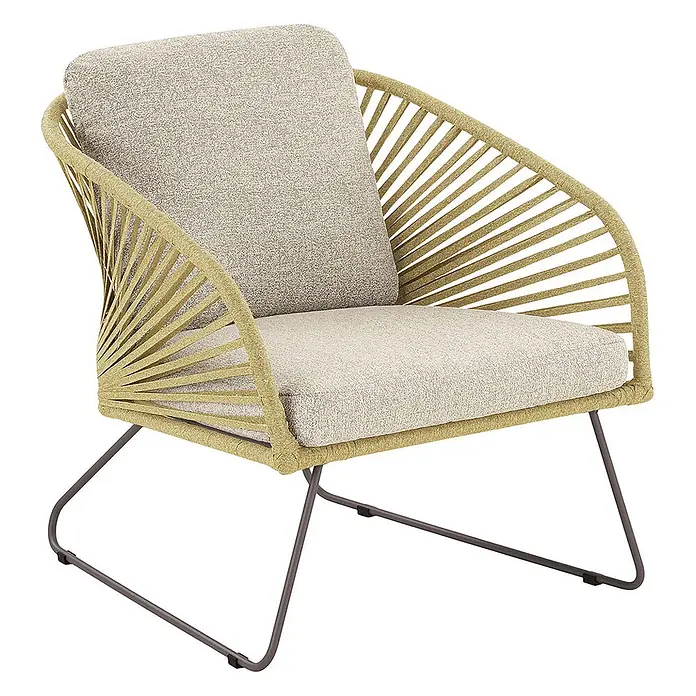 Ebuy24 Loungemöbel-Set Novella - 5 -tlg., Schaum, Polyester, Stahl, Beige - Moderner Loungesessel mit beigem Seilgeflecht-Rahmen, cremeweißen Polstern und dunkelgrauen Kufenbeinen.