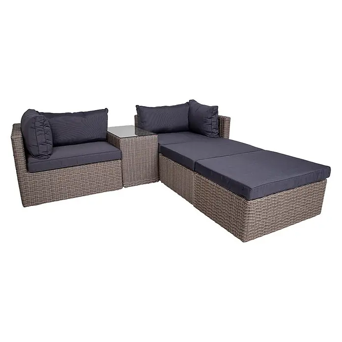 Ebuy24 Loungemöbel-Set Rosino - 3 -tlg., Polyrattan, Aluminium, Glas, Polyester, Grau - Outdoor-Ecksofa aus geflochtenem Rattan mit dunkelgrauen Kissen und integriertem Beistelltisch mit Glasplatte.