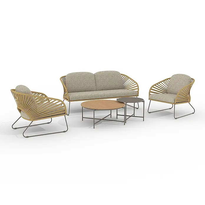 Ebuy24 Loungemöbel-Set Novella - 5 -tlg., Schaum, Polyester, Stahl, Beige - Outdoor-Lounge-Set mit beigem Rattansofa, zwei Sesseln, einem Holztisch und einem dunklen Beistelltisch auf Metallrahmen.