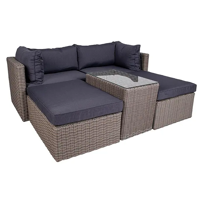 Ebuy24 Loungemöbel-Set Rosino - 3 -tlg., Polyrattan, Aluminium, Glas, Polyester, Grau - Modulares Loungeset aus dunkelgrauem Rattan mit dunklen Polstern und integriertem Glastisch.