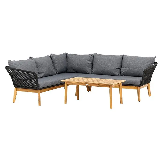 Ebuy24 Loungemöbel-Set Chania - 2 -tlg., Akazie, Schwarz - Outdoor-Ecksofa mit grauen Kissen, schwarzem Geflechtrahmen und hellen Holzbeinen, dazu ein passender Latten-Couchtisch aus Holz.