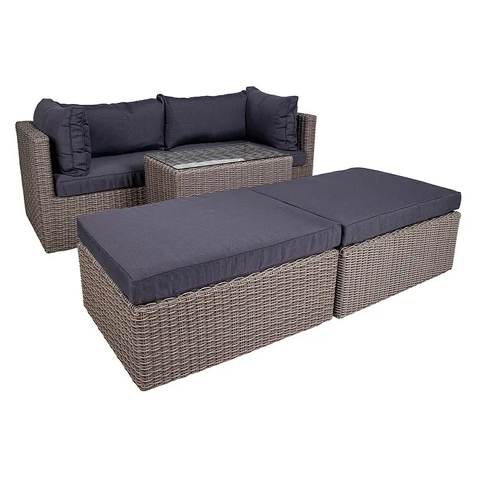 Ebuy24 Loungemöbel-Set Rosino - 3 -tlg., Polyrattan, Aluminium, Glas, Polyester, Grau - Graues Rattan Outdoor Lounge-Set mit dunklen Kissen, bestehend aus L-Sofa, Couchtisch mit Glasplatte und zwei Hockern.