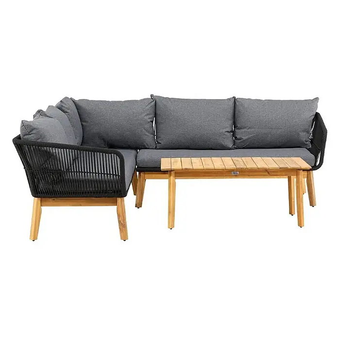Ebuy24 Loungemöbel-Set Chania - 2 -tlg., Akazie, Schwarz - L-förmiges Gartenset mit dunkelgrauen Kissen, schwarzem Geflechtrahmen und hellem Holztisch.