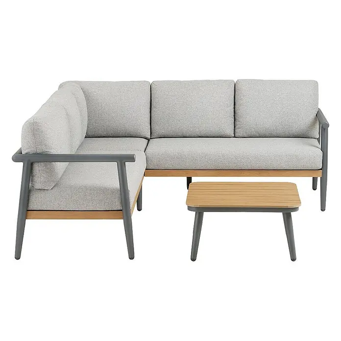 Ebuy24 Loungemöbel-Set Camilla - 4 -tlg., Nonwood (PE), Aluminium, Polyester, Graubeige - Graues L-förmiges Outdoor-Sofa mit hellen Holzdetails und dunkelgrauem Rahmen, dazu ein passender Couchtisch.