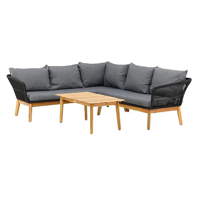 Ebuy24 Loungemöbel-Set Chania - 2 -tlg., Akazie, Schwarz - Eck-Gartenlounge-Set mit hellem Holzrahmen, schwarzen Seildetails und grauen Kissen, inklusive passendem Holztisch.