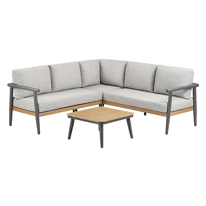 Ebuy24 Loungemöbel-Set Camilla - 4 -tlg., Nonwood (PE), Aluminium, Polyester, Graubeige - L-förmiges Outdoor-Sofa mit hellgrauen Kissen, Holzoptik-Basis und dunkelgrauem Metallrahmen. Inkl. passendem quadratischem Couchtisch.