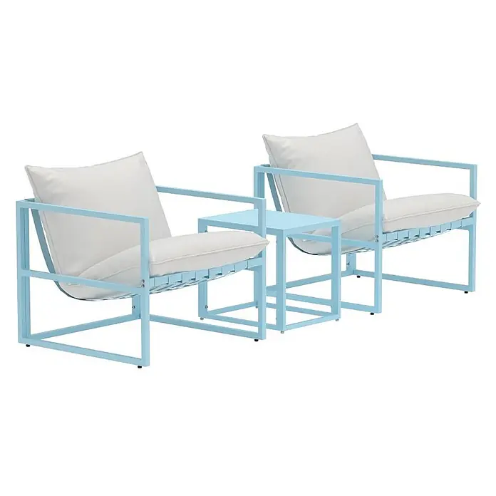 Ebuy24 Loungemöbel-Set Messina - 3 -tlg., Stahl, Hellblau - Zwei hellblaue Metall-Loungesessel mit weißen Kissen und einem passenden Beistelltisch für den Außenbereich.