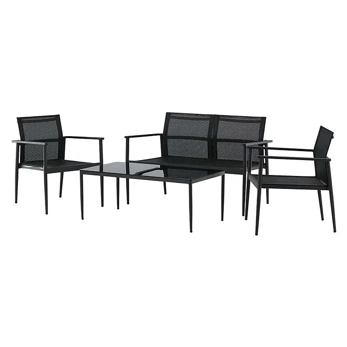 Ebuy24 Loungemöbel-Set Break - 4 -tlg., Aluminium, Schwarz - Schwarzes Gartenmöbelset aus Metall mit zwei Sesseln, einem Zweisitzer-Sofa und einem Couchtisch mit Glasplatte.