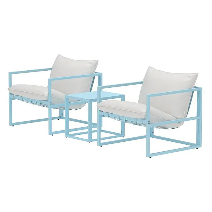 Ebuy24 Loungemöbel-Set Messina - 3 -tlg., Stahl, Hellblau - Zwei hellblaue Outdoor-Loungesessel mit weißen Kissen und einem passenden Beistelltisch.
