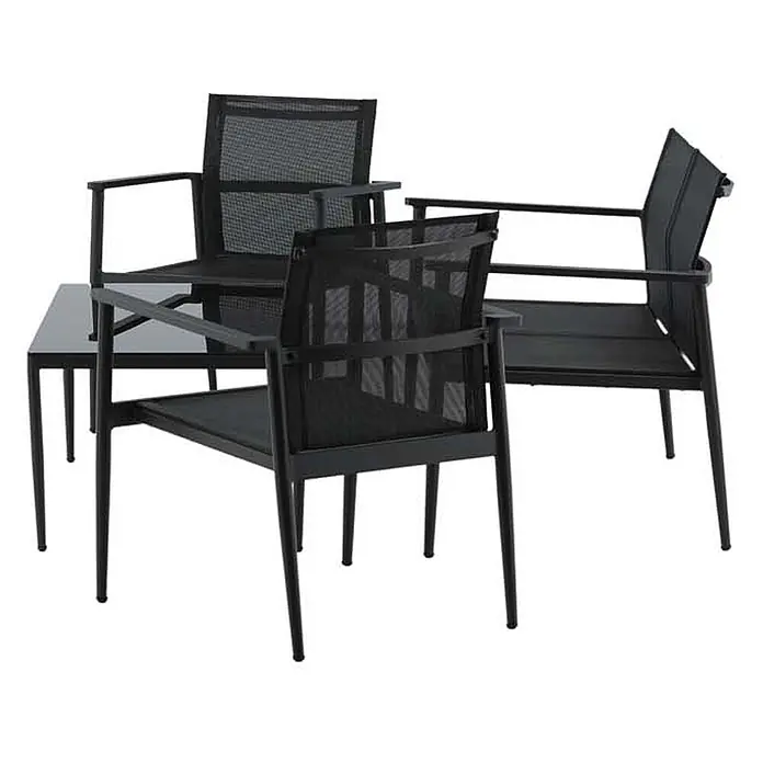 Ebuy24 Loungemöbel-Set Break - 4 -tlg., Aluminium, Schwarz - Schwarzes Outdoor-Möbelset mit zwei Armlehnstühlen mit Netzsitzen/Rücken und einem kleinen Tisch mit dunkler Glasplatte.