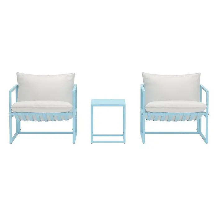 Ebuy24 Loungemöbel-Set Messina - 3 -tlg., Stahl, Hellblau - Zwei hellblaue Outdoor-Stühle mit weißen Kissen und einem passenden Beistelltisch.