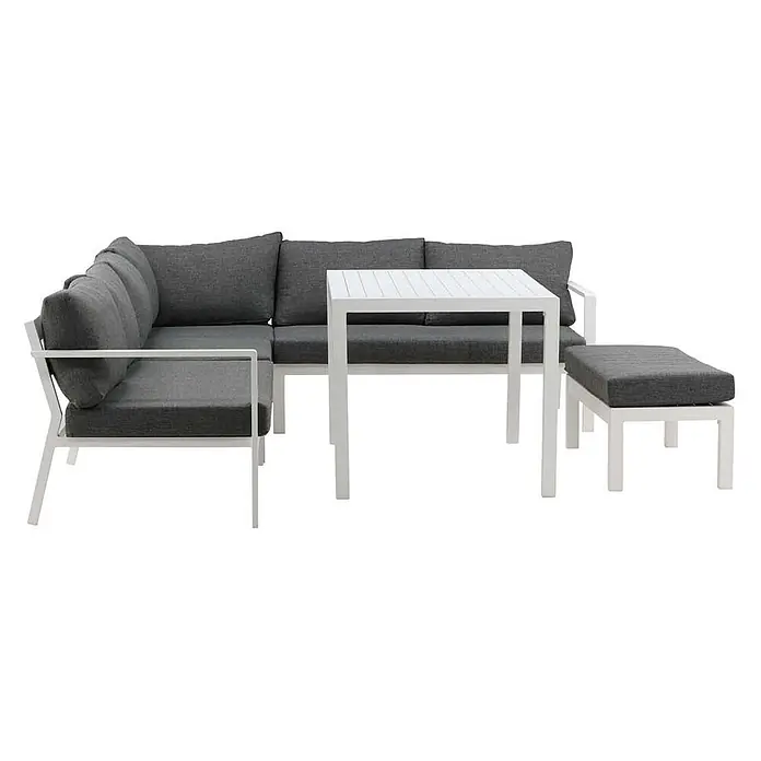 Ebuy24 Loungemöbel-Set Ramos - 3 -tlg., Aluminium, Grau - Weißes Outdoor-Lounge-Set aus Metall mit dunkelgrauen Kissen, bestehend aus Ecksofa, Tisch und Hocker.