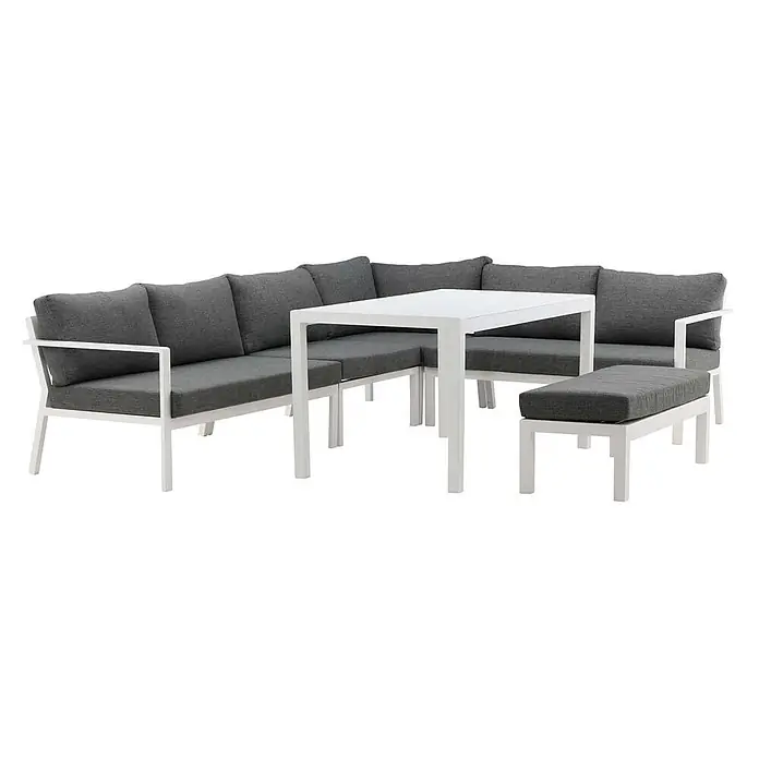 Ebuy24 Loungemöbel-Set Ramos - 3 -tlg., Aluminium, Grau - Weißes L-förmiges Outdoor-Loungeset mit dunkelgrauen Kissen, passendem Tisch und Hocker.