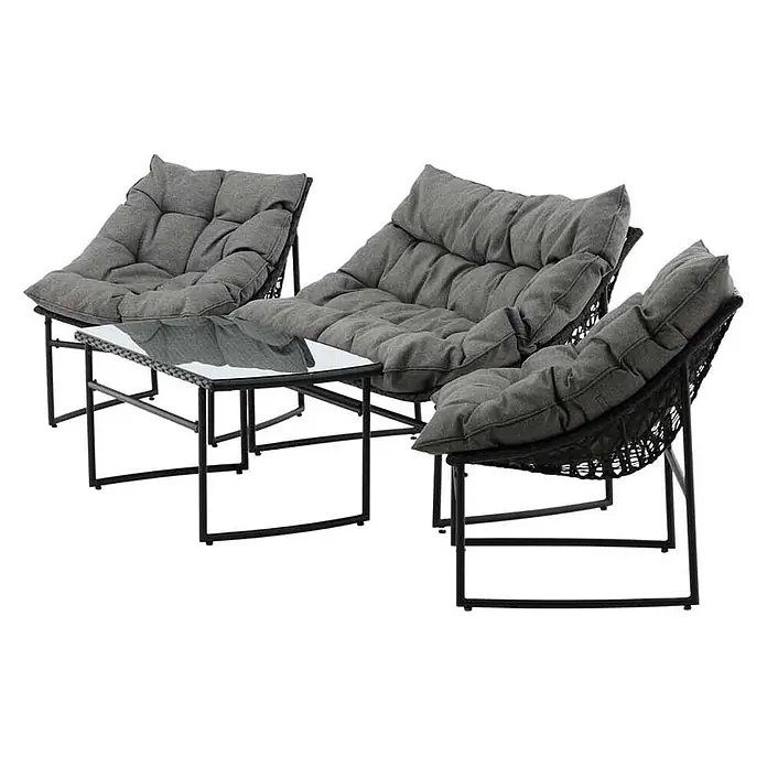 Ebuy24 Loungemöbel-Set Tina - 4 -tlg., Stahl, Schwarz - Outdoor-Lounge-Set mit drei dunkelgrauen gepolsterten Stühlen und einem Glastisch, alle mit schwarzen Metallrahmen.