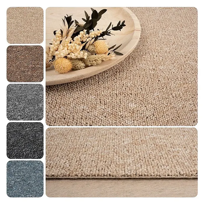 Bricoflor Teppichboden Meterware Schlinge gemustert, beige hell-braun, 350 x 500 cm - Breite: 500 cm, Schlinge, 100 % Polypropylen (PP), beige hell-braun - Beiger Schlingenflor-Teppich mit quadratischen Farbmustern: beige, braun, hellgrau, dunkelgrau und blau.