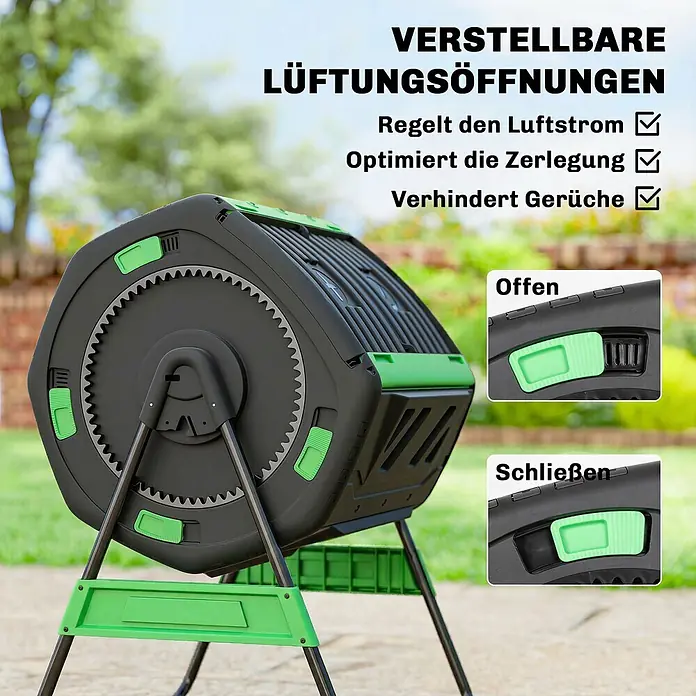 Outsunny Komposter - 200 l - Schwarzer und grüner Rotationskomposter auf Ständer im Freien, mit verstellbaren Lüftungsöffnungen für optimierte Zersetzung.