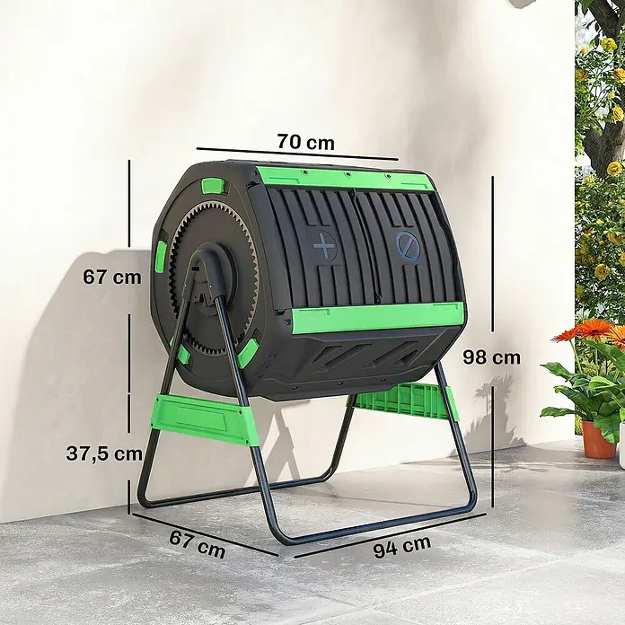 Outsunny Komposter - 200 l - Schwarz-grüner Kompostbehälter mit Drehtrommel auf Ständer. Produktmaße sind abgebildet.