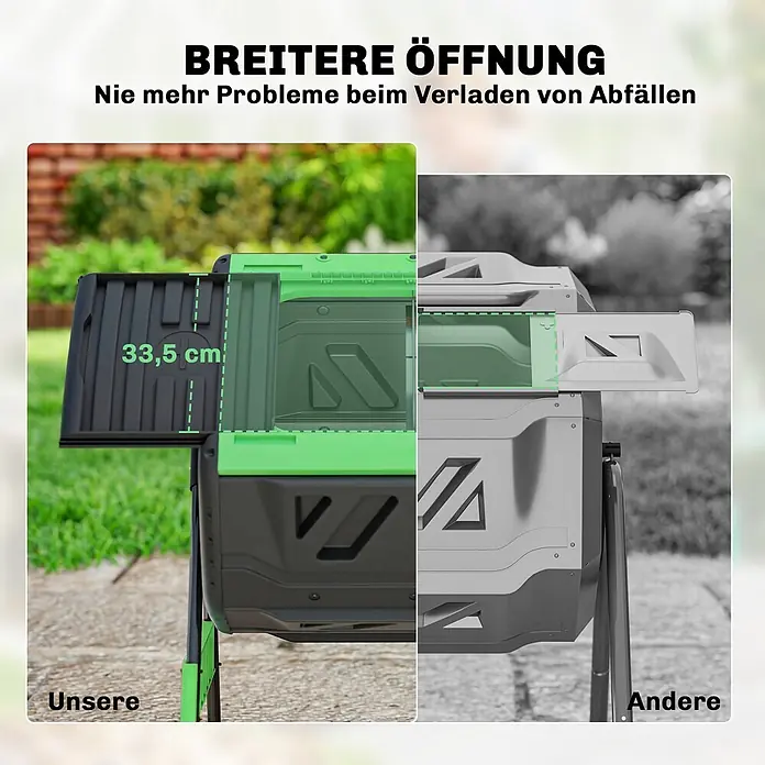 Outsunny Komposter - 200 l - Zwei Komposttrommeln, eine grün-schwarz mit 33,5 cm breiter Öffnung, die andere grau mit schmalerer Öffnung, zeigen einfaches Befüllen.