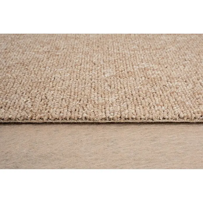 Bricoflor Teppichboden Meterware Schlinge gemustert, beige hell-braun, 250 x 200 cm - Breite: 200 cm, Schlinge, 100 % Polypropylen (PP), beige hell-braun - Nahaufnahme eines beigen Schlingenflor-Teppichs mit sichtbarer Unterseite.