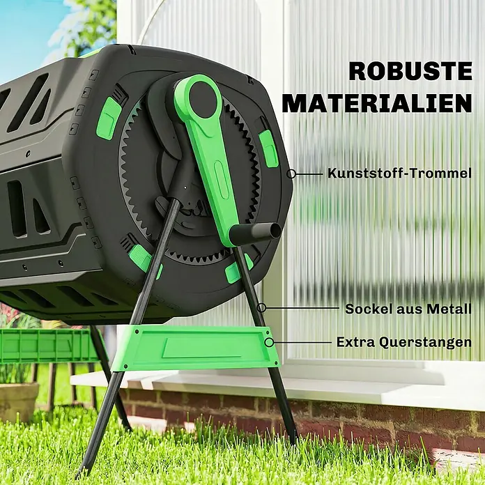 Outsunny Komposter - 200 l - Dunkelgrauer und grüner Rotationskomposter mit Kunststofftrommel und Metallgestell im Garten.