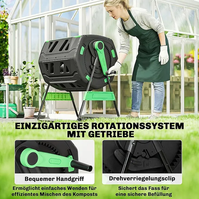 Outsunny Komposter - 200 l - Eine Frau bedient einen schwarz-grünen Kompostbehälter mit einem zahnradgetriebenen Rotationssystem.