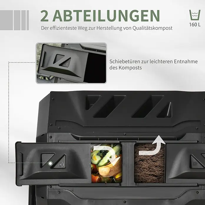 Outsunny Komposter - 160 l - Schwarzer Komposter mit zwei Kammern und Schiebetüren zur einfachen Kompostentnahme, 160 L.