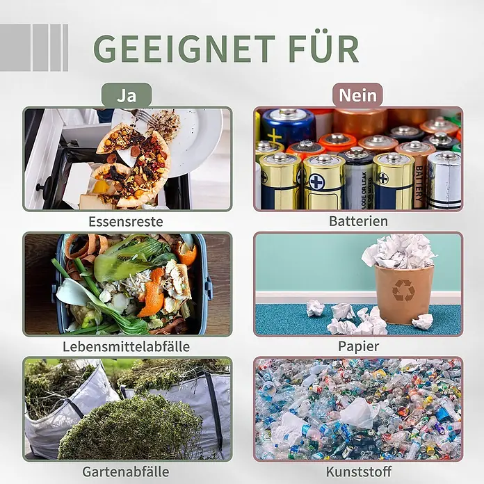 Outsunny Komposter - 160 l - Abfalltrennungsleitfaden. Geeignet (Ja): Essensreste, Lebensmittelabfälle, Gartenabfälle. Nicht geeignet (Nein): Batterien, Papier, Kunststoff.