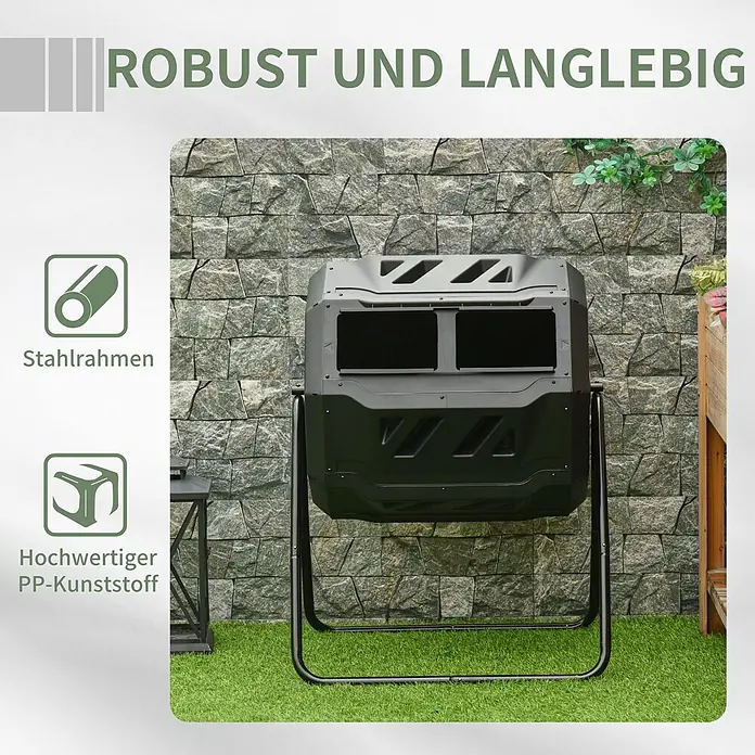 Outsunny Komposter - 160 l - Schwarzer Kompostbehälter mit Stahlrahmen und PP-Kunststoff, auf grünem Rasen vor einer Steinmauer.
