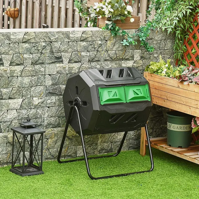 Outsunny Komposter Schwarz, 71cm x 64cm x 96cm - 160 l - Schwarz-grüner rotierender Komposter auf Ständer im Garten, bereit zur Kompostierung von Bioabfällen.