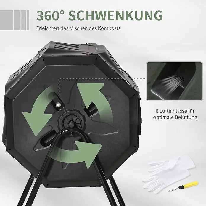 Outsunny Komposter - 160 l - Schwarzer Kompostwender mit 360°-Drehung und Lufteinlässen zum Mischen von Kompost. Handschuhe und Schraubendreher sind abgebildet.