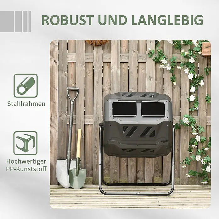 Outsunny Komposter Schwarz, 71cm x 64cm x 96cm - 160 l - Dunkelgrauer PP-Kunststoff Kompostbehälter mit schwarzem Stahlrahmen auf einer Holzterrasse vor einem Zaun.