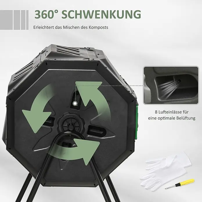 Outsunny Komposter Schwarz, 71cm x 64cm x 96cm - 160 l - Schwarzer Komposter mit 360-Grad-Drehpfeilen, Belüftungsöffnungen, weißen Handschuhen und Schraubendreher.