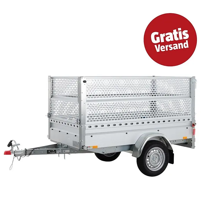 Stema Anhänger BH-R 750 Kippdeichsel - Nutzlast: 545 kg, Einachser, Kasteninnenmaß: (L x B x H): 201 x 108 x 100 cm, Ungebremst - Silberner Anhänger mit Gitteraufsätzen.