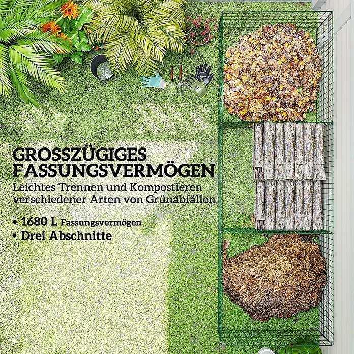 Outsunny Komposter - 1.680 l - Grüner Drahtgeflecht-Komposter mit drei Fächern im Garten, gefüllt mit Laub, Ästen und Stroh zur einfachen Kompostierung von Grünabfällen.