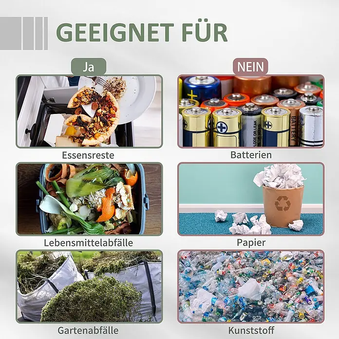 Outsunny Komposter Schwarz, 71cm x 64cm x 96cm - 160 l - Anleitung zur Mülltrennung: Ja für organische Abfälle wie Essensreste und Gartenabfälle, Nein für Batterien, Papier und Kunststoff.