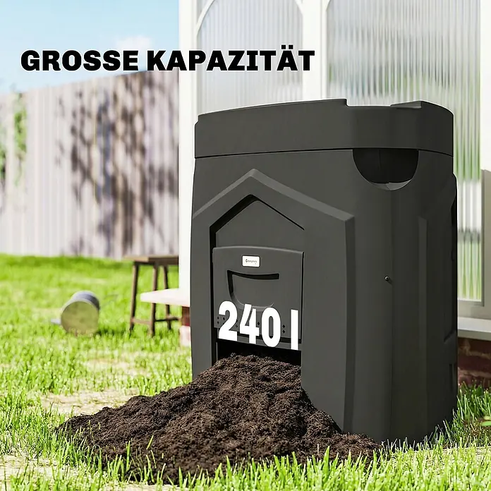 Outsunny Komposter - 240 l - Dunkelgrauer 240L Komposter im Garten, aus dessen unterer Öffnung Erde austritt.